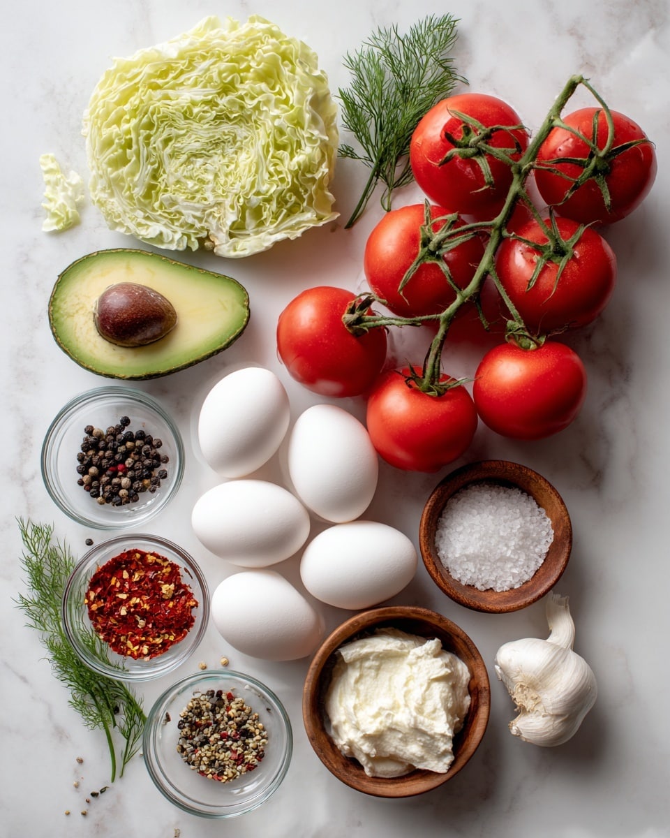 The image shows a variety of fresh ingredients placed on a white marbled surface. At the top right, there is a cluster of seven red tomatoes still attached to green vines. Below and slightly left of the tomatoes, four whole white eggs are arranged close together. To the left of the eggs, an avocado is shown in two halves; one half with a large seed and the other half empty, both green inside with a dark green bumpy skin. Above the avocado, a small pile of leafy light green cabbage leaves is visible with a sprig of fresh dill next to it on the left. Near the cabbage and dill, there are two small glass bowls — one with a mix of black and white peppercorns and the other with red chili flakes. Below the chili flakes and near the avocado, a small white bowl holds a soft white cheese curd. To the right side near the bottom, two garlic bulbs rest next to a wooden bowl filled with coarse white salt. Another small wooden bowl sits above the salt bowl, containing a creamy white mixture. The whole setup is visually calm with natural colors against the clean white marble background. photo taken with an iphone --ar 4:5 --v 7