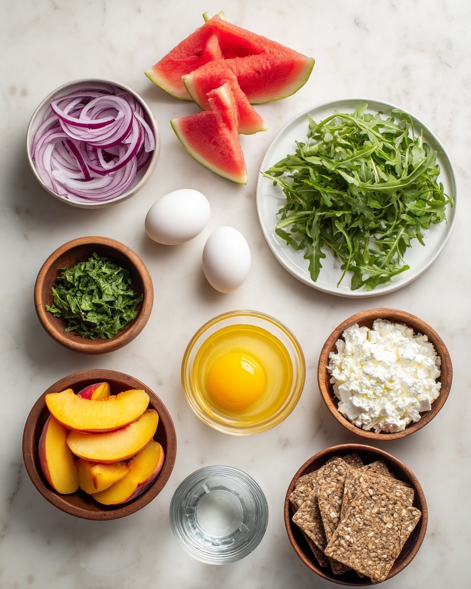 This image shows several small bowls and items arranged neatly on a white marbled surface. At the top left, there is a small bowl with thinly sliced purple onions. Next to it on the right is a white plate filled with fresh green arugula leaves. Below the arugula is a clear glass with a bright yellow egg yolk inside, placed beside four white eggs. At the center, there is a wooden bowl packed with chopped green mint leaves. Below it, another small wooden bowl holds a small amount of white creamy cheese. Next to the cheese, another wooden bowl contains several brown multigrain crackers. On the left, a white bowl is filled with sliced yellow-orange peaches, and beside it are three whole peaches with a red and yellow skin. Above the peach bowl are triangular red watermelon wedges with green rind. There is also a clear glass with water near the bottom left corner. The arrangement is clean and colorful, highlighting fresh ingredients in a simple style photo taken with an iphone --ar 4:5 --v 7