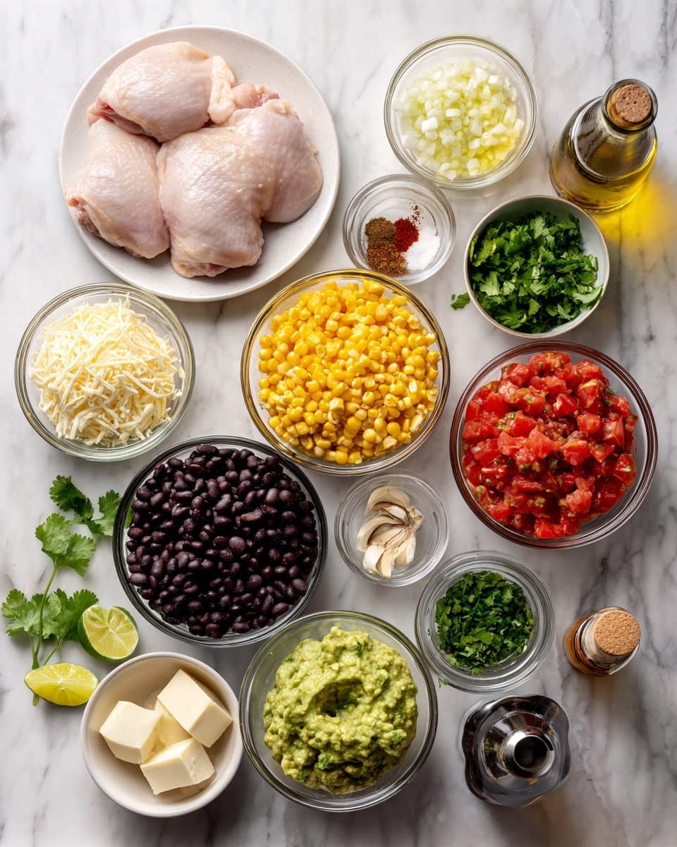 The image shows various ingredients neatly arranged on a white marbled surface. There is a white plate with raw chicken thighs in the top center. Surrounding it are clear glass bowls holding colorful ingredients: bright yellow corn mixed with black beans, soft white cheese, a red tomato salsa, and smooth green guacamole. Other small white bowls contain spices, chopped cilantro, and butter cubes, while bottles of olive oil and soy sauce are placed nearby. A lime and minced garlic add to the fresh look. The whole setup is well-organized and vibrant, with different textures from creamy to chunky, all on a clean, bright background. photo taken with an iphone --ar 4:5 --v 7