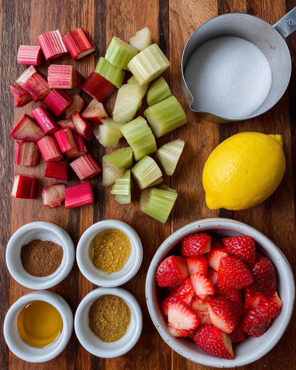 The image shows a wooden surface with neatly arranged ingredients: on the left are chopped pieces of red and pale green rhubarb, next to a bright yellow lemon on the right. Below the lemon, there is a metal measuring cup filled with white granulated sugar. In the lower right corner, a white bowl is full of fresh, red, sliced strawberries. At the bottom left, two small white dishes hold ground cinnamon and golden honey. The arrangement is clear and colorful, with the focus on fresh fruit and baking spices, photo taken with an iphone --ar 4:5 --v 7