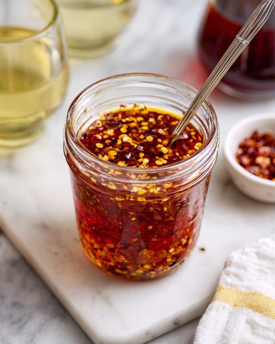 A clear glass jar filled with a reddish-brown sauce mixed with small yellow chili flakes floating on the surface. A small silver whisk is partially inside the jar, resting against the side. The jar is placed on a white marbled surface, with a glass container holding a light yellow liquid on the left and a small white bowl filled with red chili flakes on the right. A glass container with a dark red liquid sits in the background. A white cloth with a yellow stripe lies partially visible at the bottom right corner photo taken with an iphone --ar 4:5 --v 7