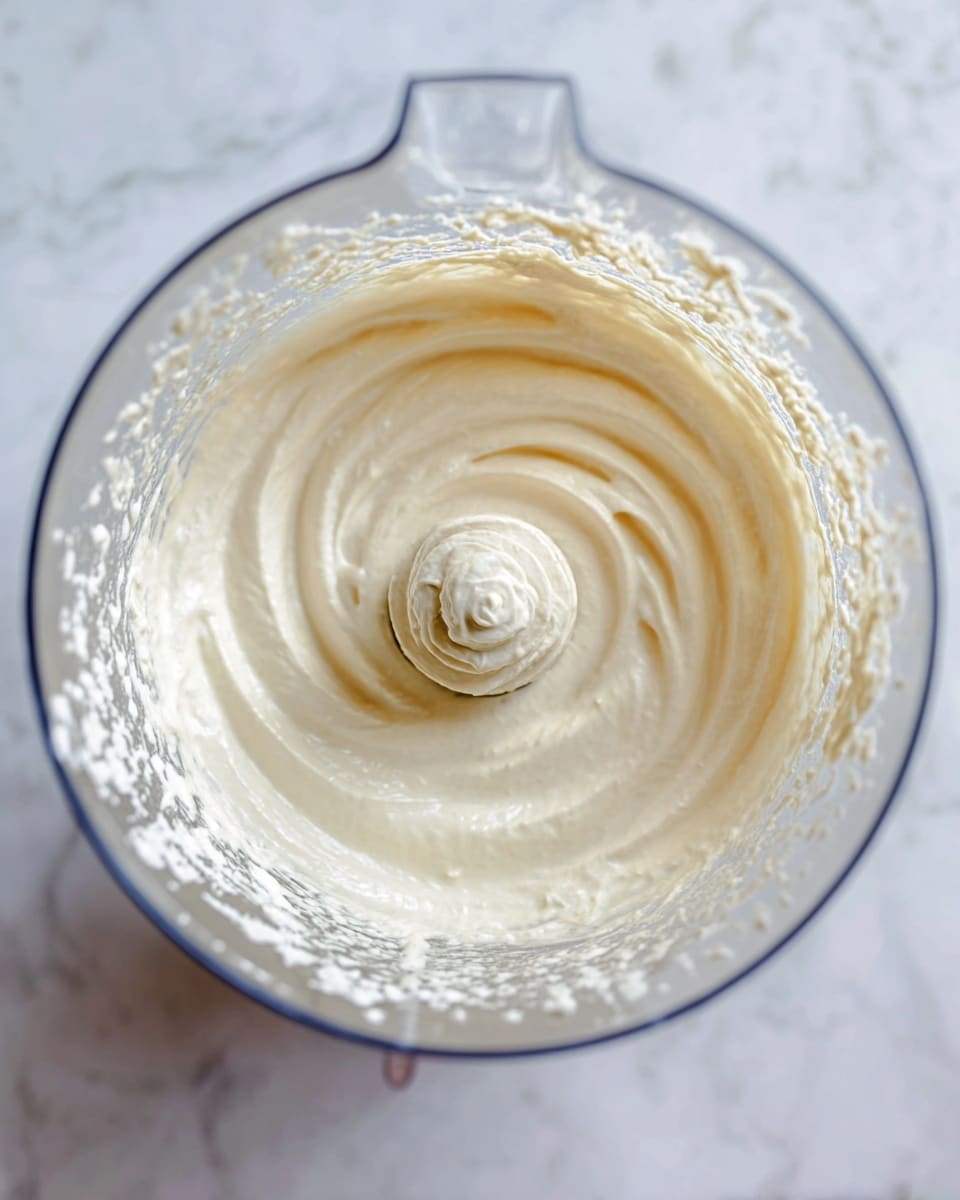 Inside a clear blender jar, there is a smooth, pale cream mixture filling the bottom part. The mixture has a thick, soft texture with a slight swirl pattern at the center. The sides of the blender jar have small splatters and streaks of the same cream, showing it has been recently blended. The blending blade is visible at the bottom center inside the jar. The background surface is a white marbled texture. photo taken with an iphone --ar 4:5 --v 7