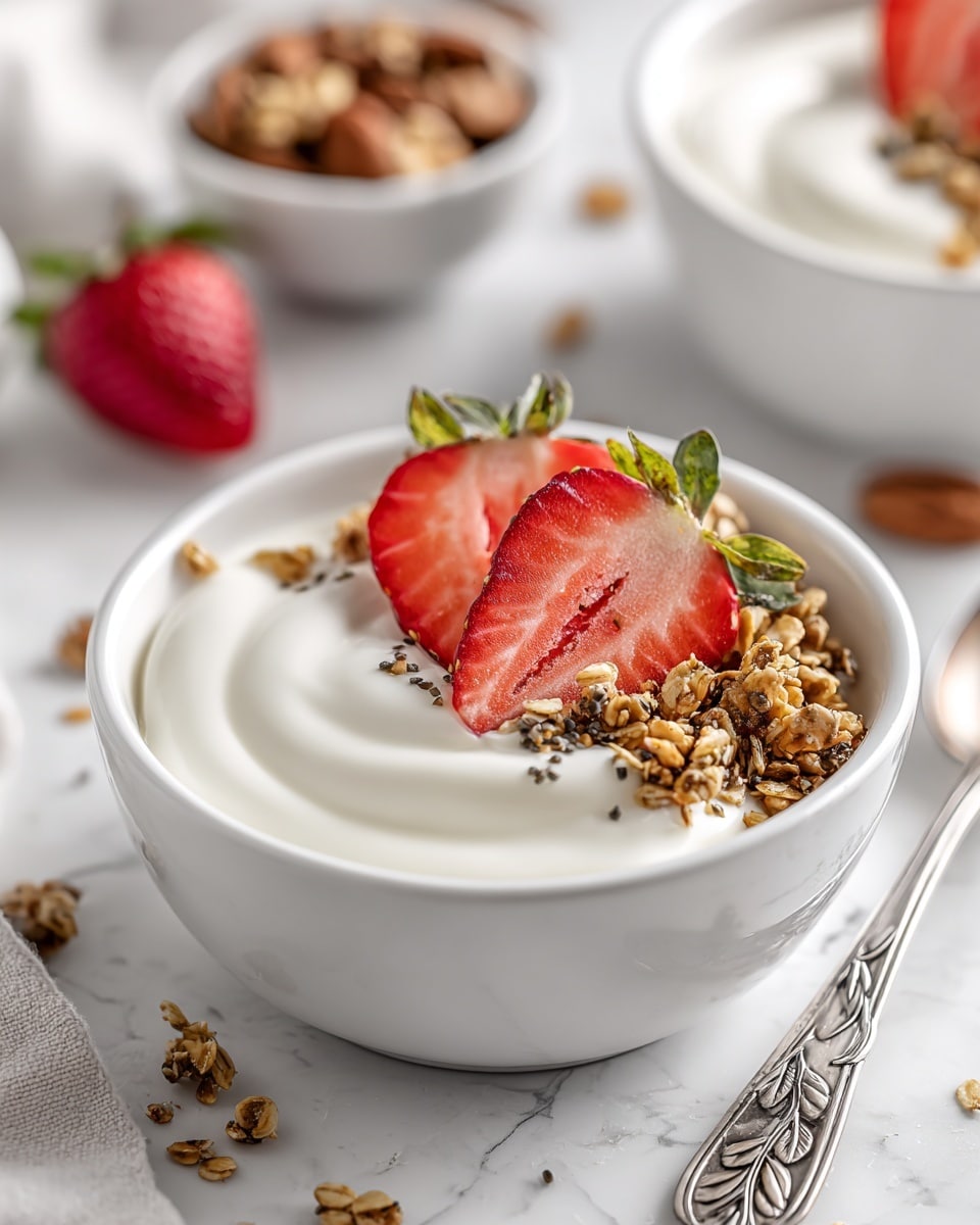 A white bowl filled with thick creamy yogurt as the first layer, topped with two fresh red strawberry slices positioned in the center, and sprinkled with small dark chia seeds and crunchy brown granola scattered across the surface and around the bowl edge. A silver spoon with a leafy design is placed inside the bowl on the right side. The bowl sits on a white marbled surface, with blurred bowls of nuts in the background. Photo taken with an iphone --ar 4:5 --v 7