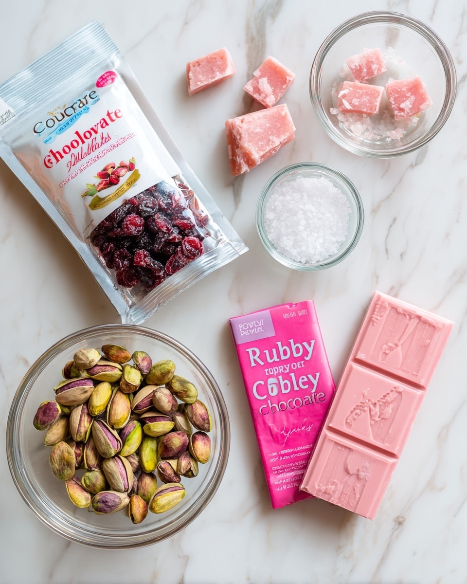 The image shows four main items on a white marbled surface: a white pouch of dried cranberries with red and blue text and images of cranberries, a small clear glass bowl filled with whole pistachios that have a mix of green and purple tones, two pink chocolate bars wrapped in pastel pink packaging labeled