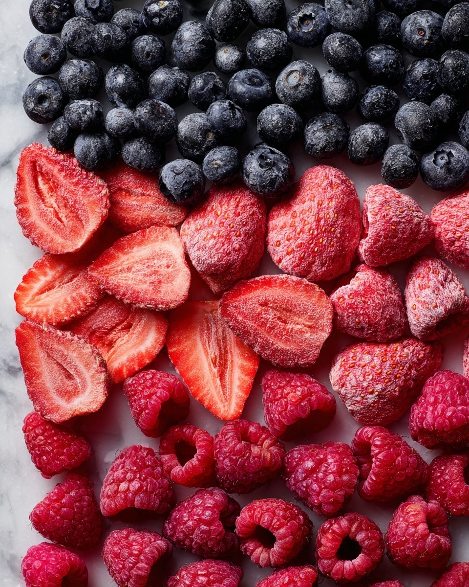 The image shows three layers of dried berries arranged in rows on a white marbled surface. The front row is bright reddish-pink raspberries with a rough, textured surface and hollow centers. Behind them is a middle row of small, round, dark blue to black blueberries with a wrinkled and slightly shiny skin. The back row consists of flat, irregularly shaped slices of bright pink strawberries with visible seeds and a dry, rough texture. The colors contrast strongly, giving a layered look from front to back. photo taken with an iphone --ar 4:5 --v 7