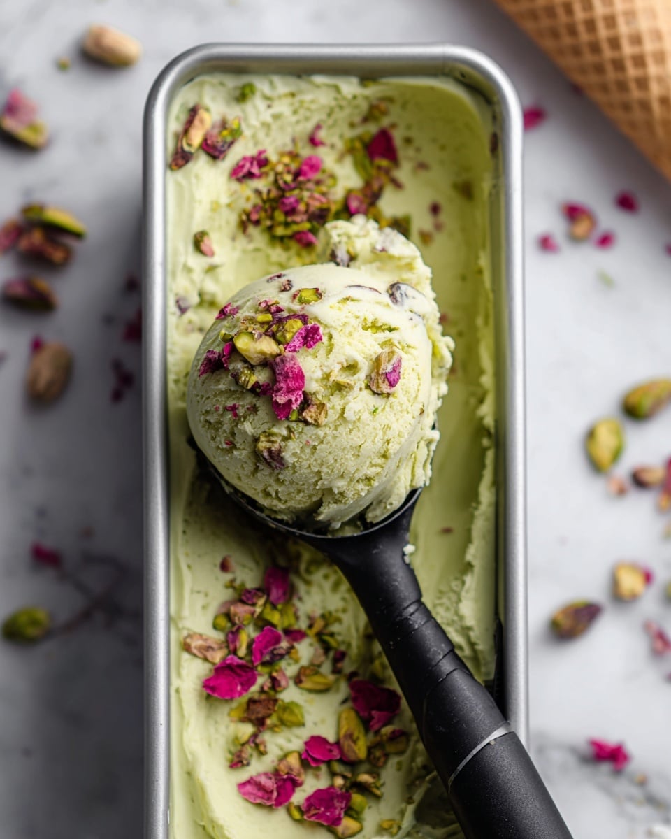 The image shows a single scoop of light green pistachio ice cream with bits of nuts inside, placed on top of a smooth, creamy green base inside a silver rectangular container. The ice cream is decorated with whole pistachios and bright pink flower petals scattered across the surface. A black ice cream scoop is partly embedded in the ice cream, holding the scoop in place. The background has a white marbled texture, with a blurred ice cream cone in the distance. Photo taken with an iphone --ar 4:5 --v 7