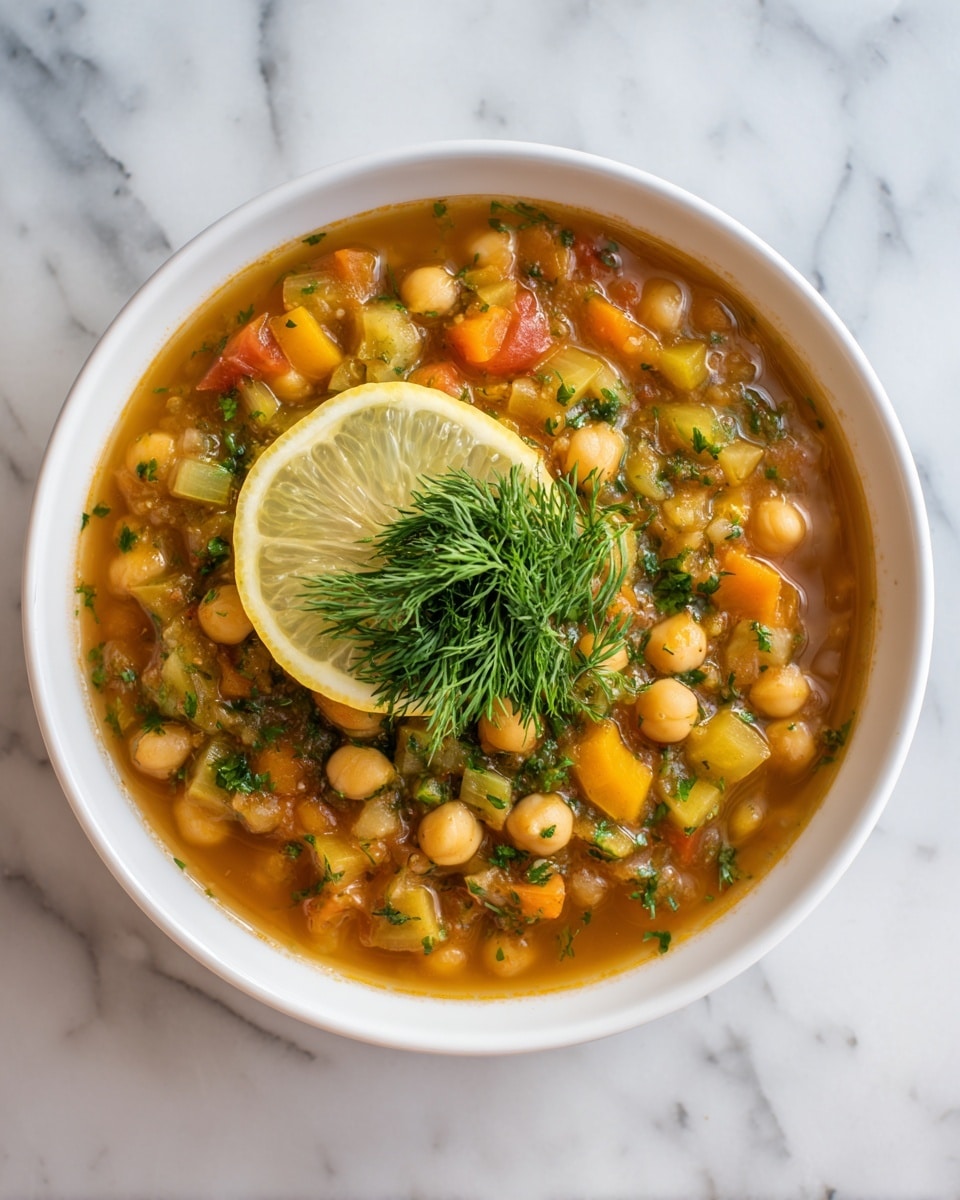 The dish is served in a white bowl with a light tan rim, placed on a white marbled surface. The stew inside has multiple layers: at the base, there is a dark reddish-brown liquid broth. On top of this, there are small round chickpeas in a light tan color mixed with chopped dark green leafy vegetables and diced pieces of orange and yellow vegetables. The dish is garnished with a small bunch of fresh green dill placed in the center and topped with a thin round slice of lemon showing its pale yellow interior. photo taken with an iphone --ar 4:5 --v 7