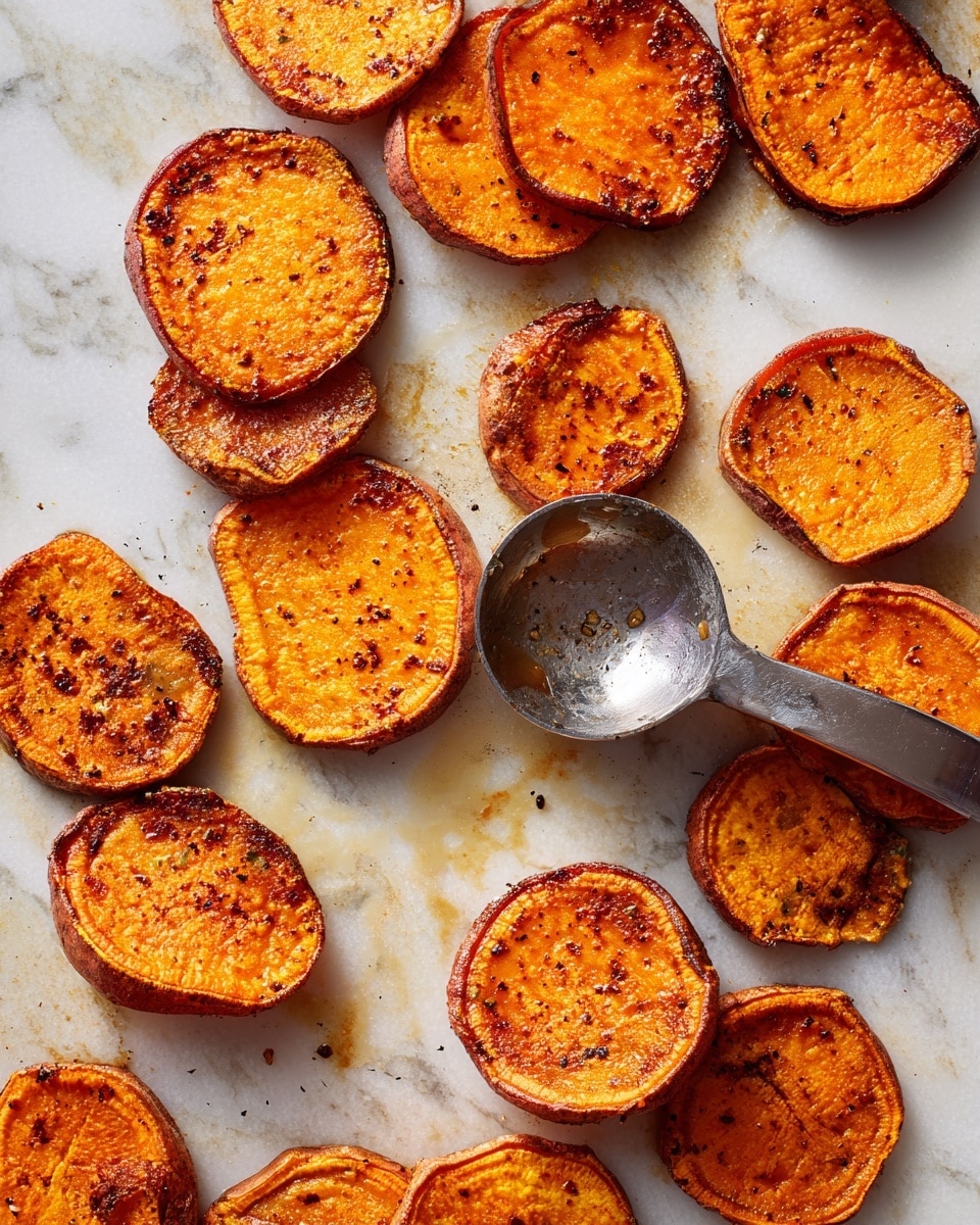 The image shows several round slices of roasted sweet potatoes on a white marbled surface. The slices are golden orange with a slightly crispy, browned exterior and textured soft inside. They are scattered, covering the surface unevenly. A metal measuring cup rests on one slice, catching some of the light, and showing a smooth, shiny silver texture. The whole scene shows a warm, slightly oily surface with spots of caramelized oil around the sweet potato pieces photo taken with an iphone --ar 4:5 --v 7
