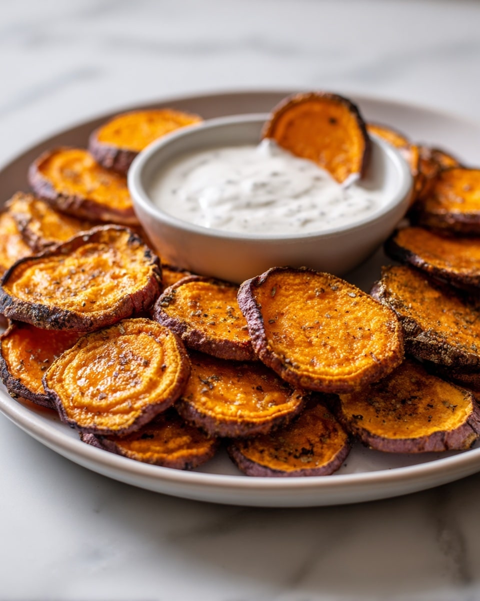 A large white plate filled with two layers of round sweet potato slices that are roasted and have a burnt orange color with darker charred spots and crispy brown edges. In the center of the plate is a small light blue bowl filled with smooth white dipping sauce. A single sweet potato slice is dipped halfway into the sauce, held by a woman's hand. The background is a white marbled surface. photo taken with an iphone --ar 4:5 --v 7