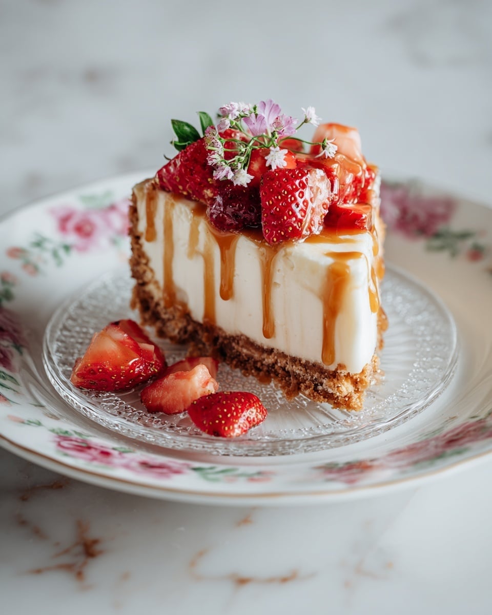 A slice of creamy white cheesecake with a light brown crumbly crust at the base is on a clear glass plate with a detailed pattern. The cheesecake slice is topped with bright red sliced strawberries and drizzled with golden caramel sauce that drips slightly onto the plate. There are more sliced strawberries on one side of the plate. The setting is on a white marbled surface, with a fork nearby holding additional strawberries. The image has a soft, bright light that highlights the smooth texture of the cheesecake and the freshness of the strawberries photo taken with an iphone --ar 4:5 --v 7