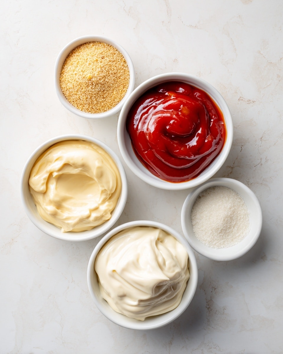 The image shows five white bowls of different sizes arranged on a white marbled surface. The largest bowl at the bottom center holds a smooth, creamy white substance, likely mayonnaise, with a soft texture and slight peaks. Above it, in the center, is a medium bowl filled with a bright red, shiny chili sauce that looks thick and glossy. To the left of the chili sauce, two small white bowls contain a pale yellow grainy mustard and a light brown powder, both with rough textures. To the right of the chili sauce, there is a white bowl with a smooth bright red sauce, likely ketchup, and another small white bowl with a fine white powder. The bowls are evenly spaced, showing a neat, organized layout. Photo taken with an iphone --ar 4:5 --v 7
