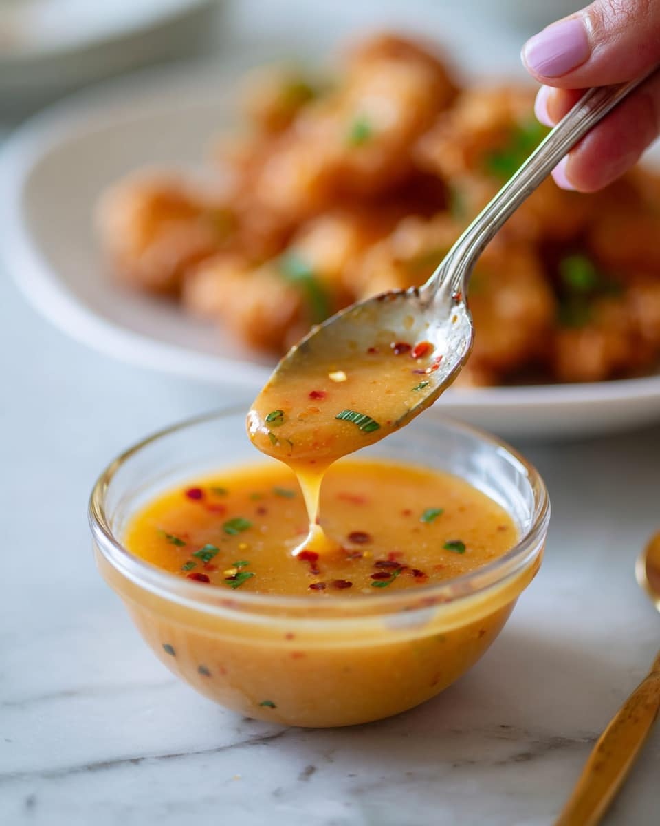 A close-up image shows a clear glass bowl filled with creamy orange-colored sauce that has small red specks. A silver spoon holds some sauce above the bowl, showing its smooth and thick texture. In the blurry background, a white plate holds crispy, golden-colored fried pieces with a few green garnish bits, all set on a white marbled surface. photo taken with an iphone --ar 4:5 --v 7