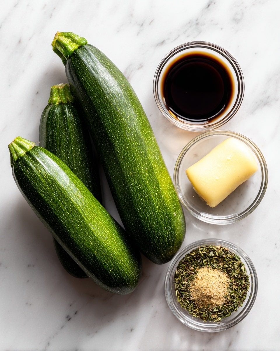 The image shows two fresh green zucchinis placed on a white marbled surface. Next to them are three small clear bowls, each with different ingredients: one bowl has a dark brown liquid, another holds a pale yellow solid, and the last contains a mix of green herbs and light brown powder. The bowls and zucchinis are neatly arranged, with soft natural light highlighting their textures and colors. photo taken with an iphone --ar 4:5 --v 7