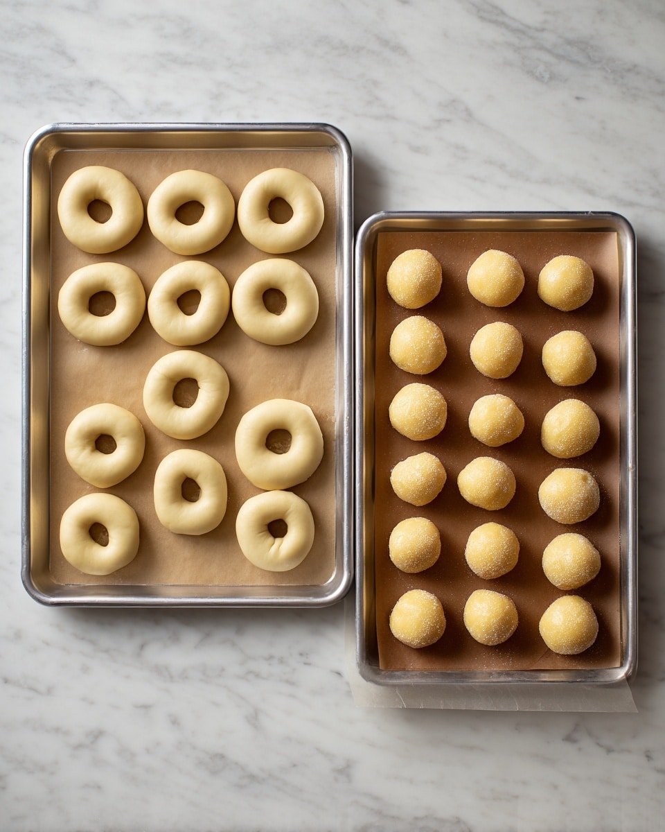 Two silver baking trays are shown on a white marbled surface. The left tray holds 12 evenly spaced raw dough rings, each pale yellow and smooth, arranged in three rows of four on a sheet of brown parchment paper. The right tray has 24 small, round dough balls with the same pale yellow color and smooth texture, arranged in four rows of six, also on brown parchment paper. Photo taken with an iphone --ar 4:5 --v 7