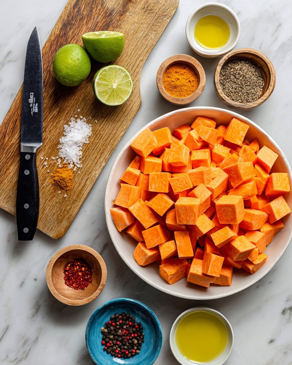 The image shows a white bowl filled with many cubes of bright orange sweet potatoes on the right side. To the left, there is a small wooden cutting board with a bright green lime cut in half on it, and a knife with a black handle resting on the board. Surrounding the cutting board are six small bowls: a wooden bowl with a brown spice, another wooden bowl with a yellow powder, a small turquoise bowl with red chili flakes, a small blue bowl with black pepper, a small wooden bowl with white salt, and a white bowl holding golden yellow oil. All items are placed on a white marbled surface. photo taken with an iphone --ar 4:5 --v 7