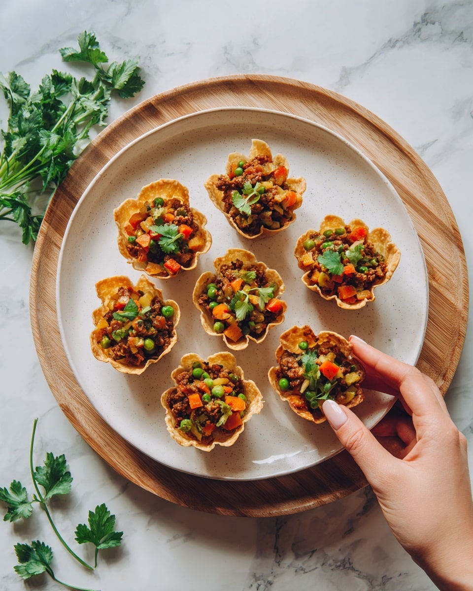 The image shows a round, light-colored wooden tray holding a white plate with seven small taco cups arranged in a circle and one in the middle. Each taco cup is filled with a mix of small, colorful vegetable pieces including orange carrots, green peas, and brown meat chunks, all inside a golden-brown crispy shell. A woman's hand is seen reaching to pick one taco cup. A small sprig of fresh green parsley lies on the tray near the plate. The background surface is a white marbled texture. Photo taken with an iphone --ar 4:5 --v 7