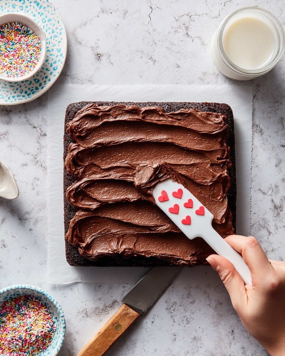 A square dark chocolate cake sits flat on a white marbled surface, with a thick, creamy layer of chocolate frosting being spread across the top by a woman's hand using a white spatula decorated with red heart shapes. The frosting layer is rich and smooth, covering most of the cake's surface in textured swirls. Nearby, a white plate with small multicolored sprinkles, a small white bowl of sprinkles with a blue dotted rim, a glass of milk, and a wooden-handled knife are arranged on the white marbled background, adding colorful and rustic details to the scene. Photo taken with an iphone --ar 4:5 --v 7