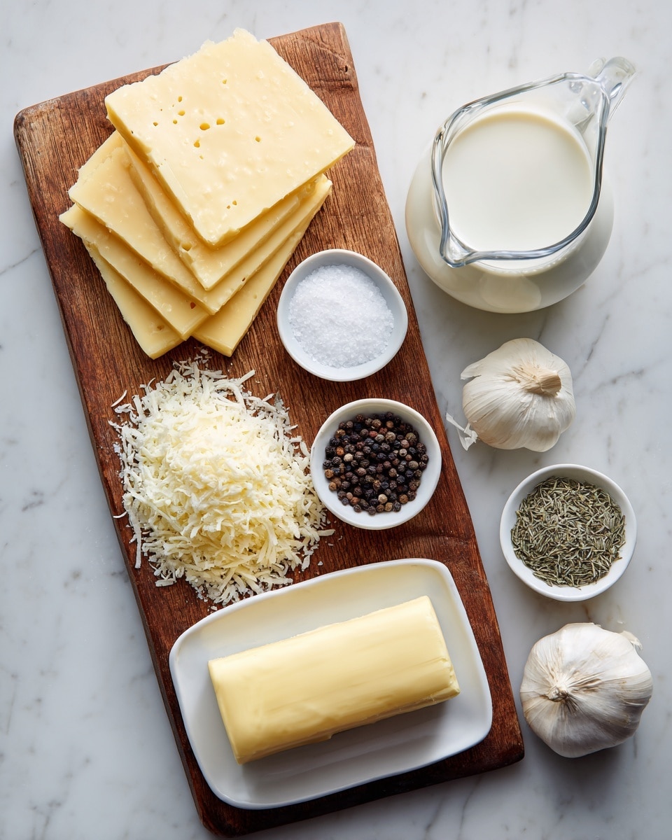 The image shows a wooden board on a white marbled surface with three wedges of pale yellow cheese stacked neatly on the left side, next to a small pile of white grated cheese. To the right of the board, there are three cloves of garlic placed close together. Above them is a clear glass jug filled with white milk. Surrounding the board are three small white square bowls: the top bowl contains salt, the middle bowl has black peppercorns, and the bottom bowl is filled with dried green herbs. Below, a white rectangular plate holds a long, smooth stick of pale yellow butter. Photo taken with an iphone --ar 4:5 --v 7