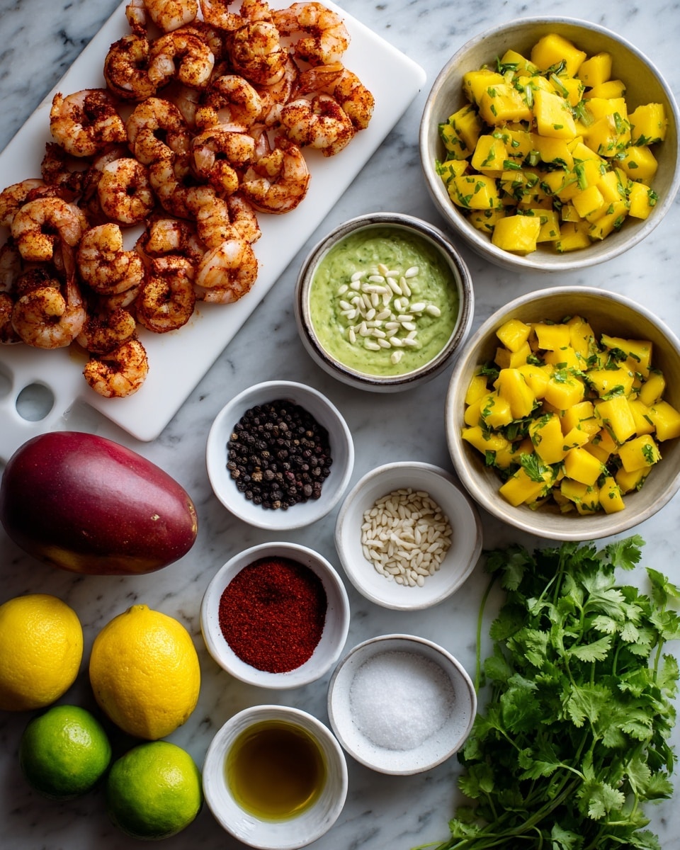 This image shows a top-down view of various fresh ingredients arranged neatly on a white marbled surface. A white rectangular board in the upper left holds cooked shrimp with a reddish seasoning, arranged in loose rows. To the right, two bowls are placed: one bowl contains diced yellow mango and green herbs mixed together, while the other bowl is filled with plain diced yellow mango. Between them is a small bowl with a pale green sauce topped with small white seeds. Below these, there are six small bowls in two rows: from left to right, the first row has black peppercorns, white grains (possibly sugar or salt), and bright red paprika powder; the second row has coarse salt, thinly sliced white onions, and olive oil. At the bottom left are three whole fruits—a yellow lemon, a dark red mango, and a green mango—next to a small bunch of fresh green cilantro. The photo taken with an iphone --ar 4:5 --v 7