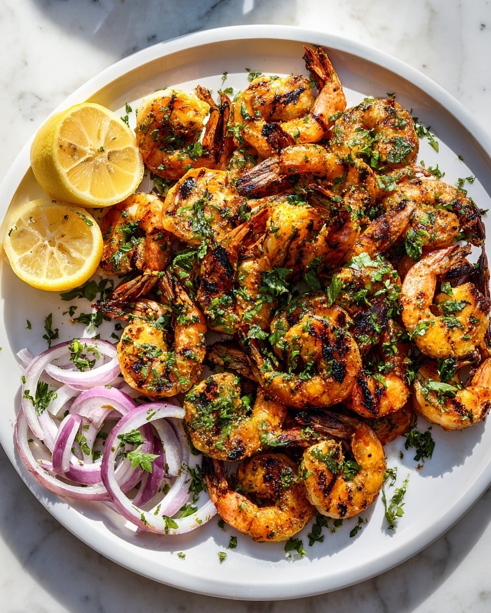 A round white plate holds grilled shrimp arranged in a loose circle, each shrimp showing char marks and a sprinkling of green herbs on bright orange-pink shells. Two lemon halves, their bright yellow flesh visible, rest on the plate's edge, one on the left side and one on the lower left. Next to one lemon half, thin purple onion slices are stacked in small rings. The plate is set on a white marbled surface with sunlight casting soft shadows. Photo taken with an iphone --ar 4:5 --v 7