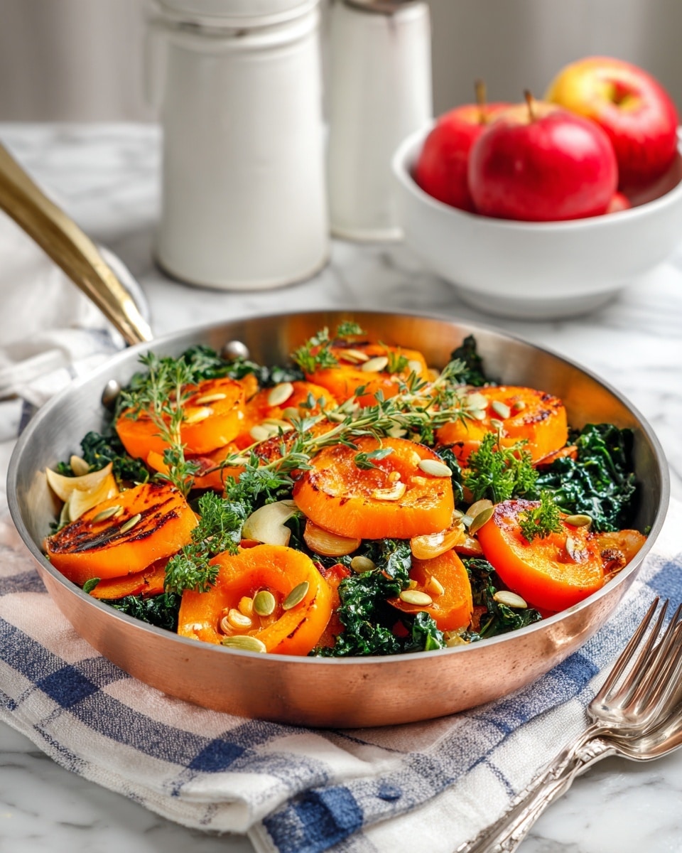 The dish is served in a shiny copper pan with two handles, placed on a white cloth with blue stripes on a white marbled surface. Inside the pan, there are three visible layers: the bottom layer is dark green wilted greens, the middle layer has golden yellow roasted squash pieces cut into thick rings with dark grill marks, and the top layer includes small white chunks and a few sprigs of fresh green herbs scattered across. A silver fork lies beside the pan, and in the background, there is a white texture container, a white bowl with red apples, and a red apple placed separately on the surface. Photo taken with an iphone --ar 4:5 --v 7