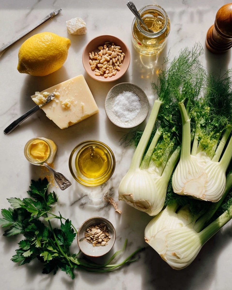 The image shows fresh ingredients arranged on a white marbled surface. There are two whole fennel bulbs with green feathery stalks on the right side. To the left of the fennel, a yellow lemon lies next to a block of pale cheese with a small vegetable peeler resting on it. Above the cheese, a small round bowl contains light tan pine nuts. Next to that, a small white bowl holds coarse white salt. Nearby, there are glass jars with smooth yellow mustard and golden honey, each with a small spoon or stick inside. A small clear measuring cup of olive oil is placed close to the jars. Fresh green parsley leaves are at the bottom left. A pepper grinder and a peach-colored empty plate are also in the frame, all set on the white marble surface. Photo taken with an iphone --ar 4:5 --v 7