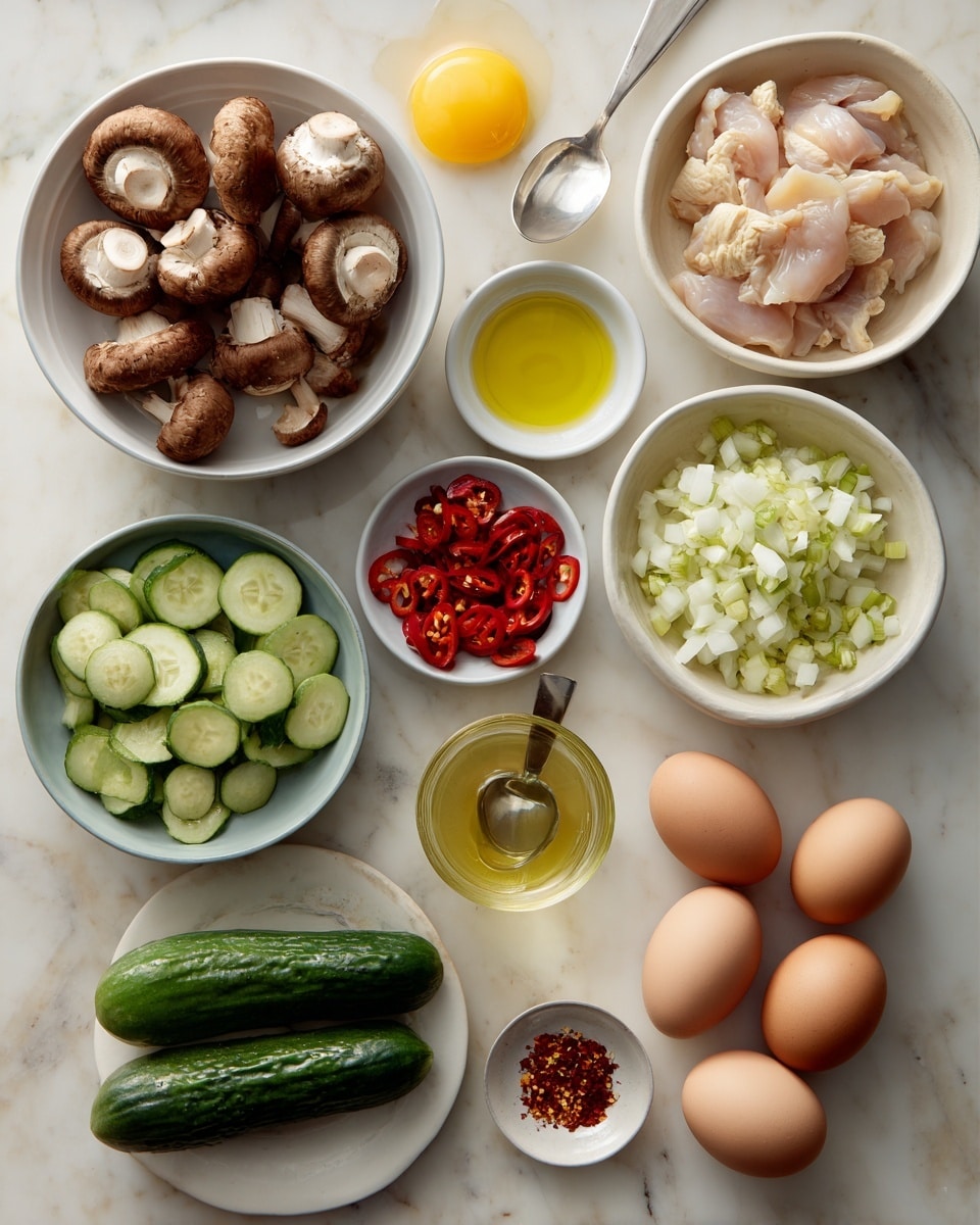 The image shows a collection of cooking ingredients placed on a white marbled surface. There are eleven containers and items arranged in a loose grid: a white bowl filled with whole brown mushrooms sits top left; below it, a white bowl with light-colored raw chicken pieces; next to the chicken, a small white bowl with light yellow liquid; above that, a small white bowl with red sliced chili peppers; to the right of the chilies, a white bowl with chopped white onions and sliced mushrooms; above this, a medium white bowl filled with sliced green cucumbers; to the right of the cucumbers, four brown eggs are placed directly on the marble; next to the eggs, a small clear glass bowl with a spoon inside and a yellow liquid; below the eggs, three whole green cucumbers sit on a white plate with a small glass of yellow liquid; above the mushrooms, a small white bowl with red chili flakes. The colors are earthy and fresh with greens, browns, reds, and yellows, and the textures vary from smooth eggs and cucumbers to rough mushrooms and cut vegetables, photo taken with an iphone --ar 4:5 --v 7