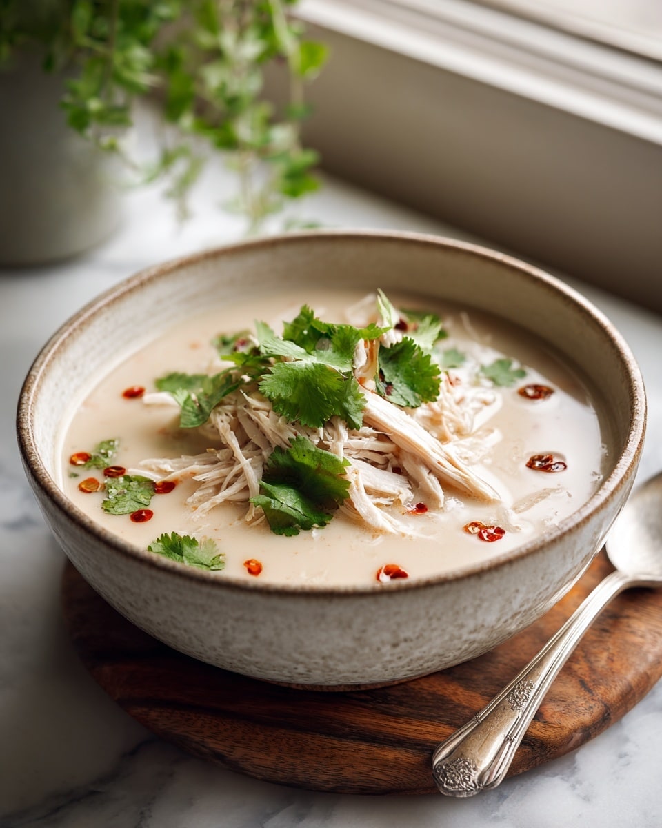 The image shows a creamy soup served in a round beige bowl with a slightly rough texture, sitting on a wooden board over a white marbled surface. The soup has a light cream color base with shredded white chicken pieces in the center. Small drops of red chili oil are scattered on top, along with green chopped herbs that add color contrast. A silver spoon is placed to the right side of the bowl. The background has a blurred green plant by a window that lets in natural light, creating a warm and fresh atmosphere. Photo taken with an iphone --ar 4:5 --v 7