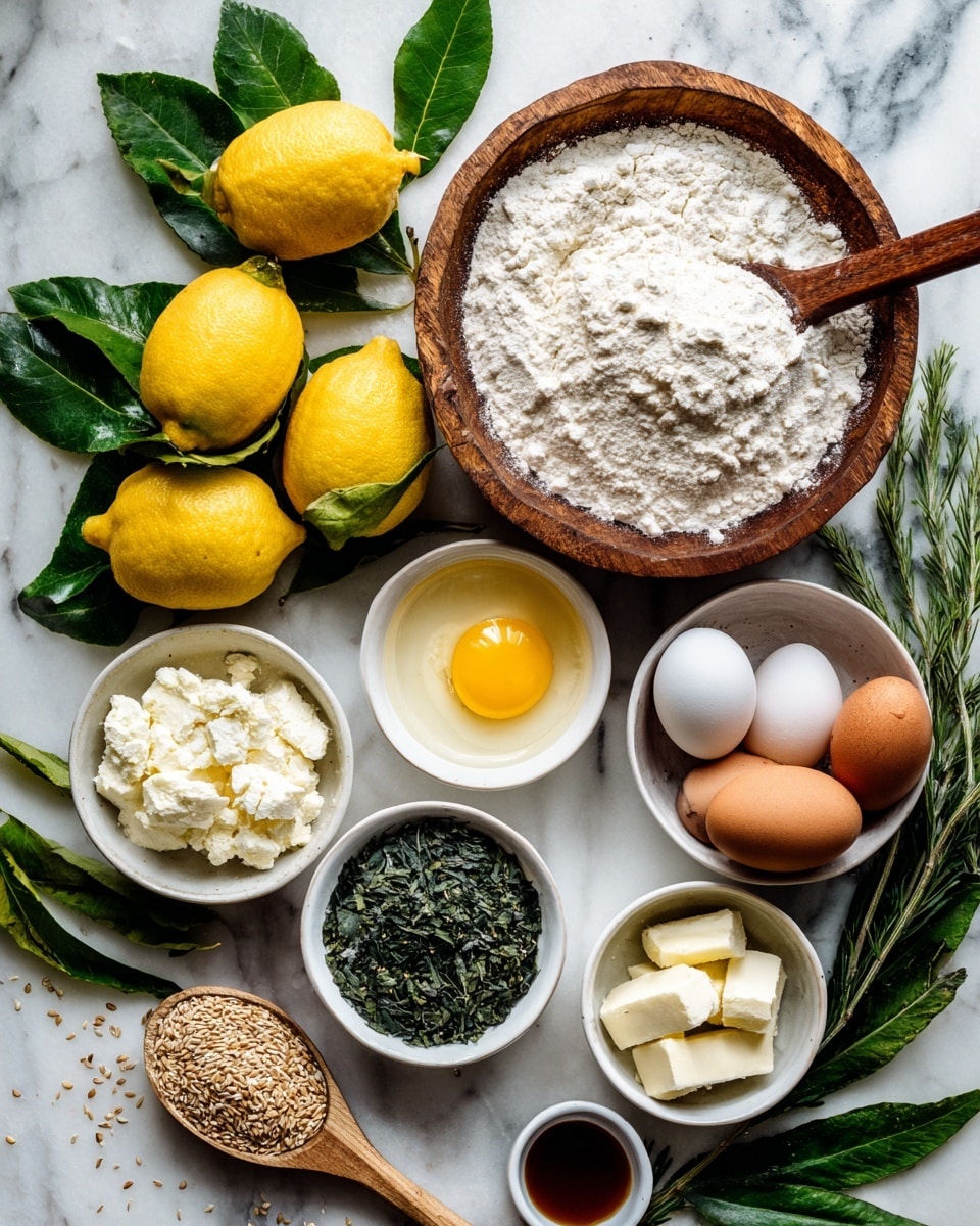 The image shows a top-down view of multiple ingredients arranged neatly on a white marbled surface. On the left side, there are four bright yellow lemons placed on green leaves. Near the top right is a wooden bowl filled to the brim with white flour, with a wooden spoon resting on it. Around this bowl are small white bowls containing various ingredients: a small white bowl with a cracked raw egg showing the yellow yolk in the center, a larger white bowl holding four brown eggs to the right, another white bowl with white butter pieces, a bowl with coarse salt, and one more with fine salt. Below, there is a bowl filled with green herbs or tea leaves, a tiny bowl with a dark liquid, and a small bowl holding a single white egg. A wooden spoon with some grains or seeds is placed diagonally at the bottom left. Green leafy sprigs lie around the wooden bowl of flour, creating a fresh and natural look. Photo taken with an iphone --ar 4:5 --v 7