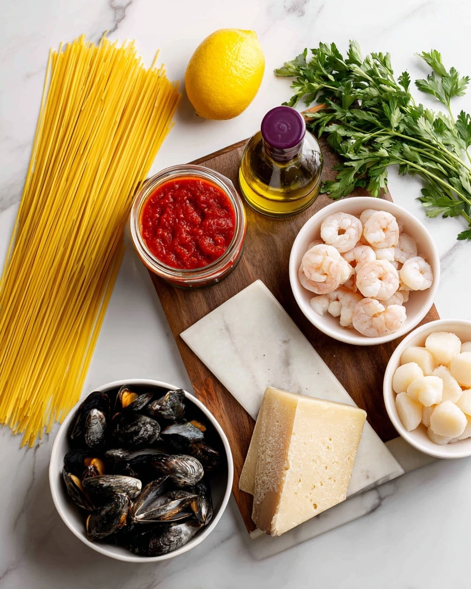 The image shows uncooked spaghetti on the left side, long and yellow, next to a white marbled cutting board with a jar of red marinara sauce and a dark bottle of extra virgin olive oil with a purple cap and label in the center. Above these, there is a bunch of green parsley and a bright yellow lemon. Two white bowls are on the right side, one with raw shrimp and the other with some white scallops. On the top left is a white bowl filled with black mussels and clams. At the bottom of the cutting board is a wedge of hard cheese with a rough texture. The scene is set on a white marbled surface. Photo taken with an iphone --ar 4:5 --v 7