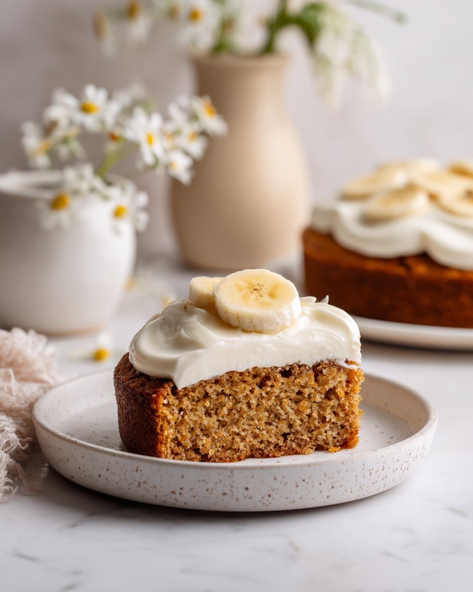 The image shows one piece of light brown cake with a moist, crumbly texture, topped with a thick layer of smooth white frosting. On top of the frosting sits one round slice of banana with a soft yellow color. The cake is placed on a white plate with a slightly raised edge and speckled details. In the background, part of another piece of cake is visible on a white plate, along with a blurred beige vase and white flowers. The setting is on a white marbled surface with soft natural light. Photo taken with an iphone --ar 4:5 --v 7