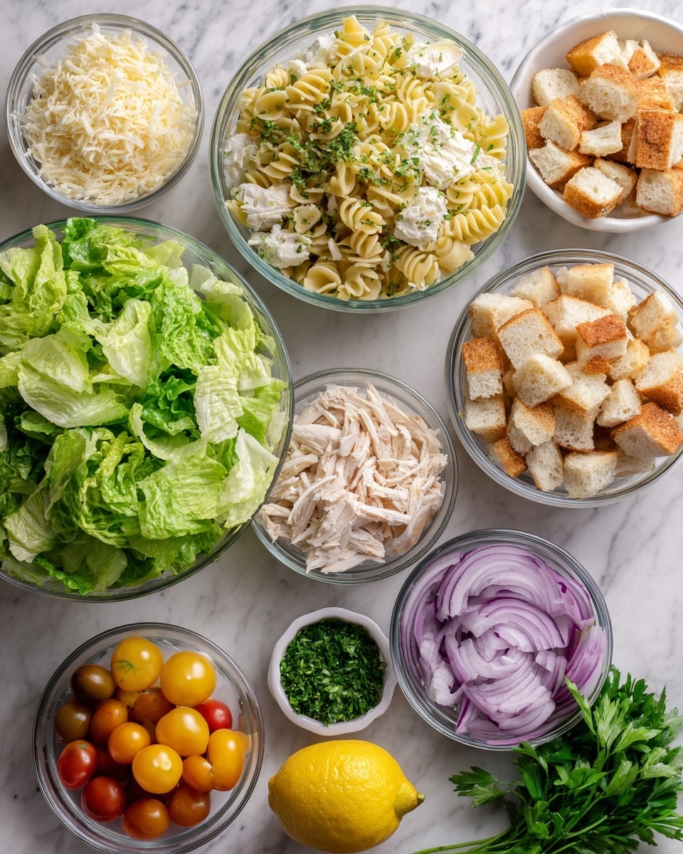 The image shows several clear glass bowls arranged on a white marbled surface, each containing different ingredients for a pasta salad. One large bowl is filled with bright green fresh lettuce leaves placed in the lower left corner. To the upper right of it are smaller bowls with pale yellow dressed pasta, shredded white chicken, golden toasted bread cubes, and grated white cheese. At the bottom right corner is a small white bowl with thin purple onion slices beside sprigs of fresh green parsley. A lemon and a small bowl of halved yellow and red cherry tomatoes are also visible. The colors are fresh and vibrant with a clean and organized arrangement, photo taken with an iphone --ar 4:5 --v 7