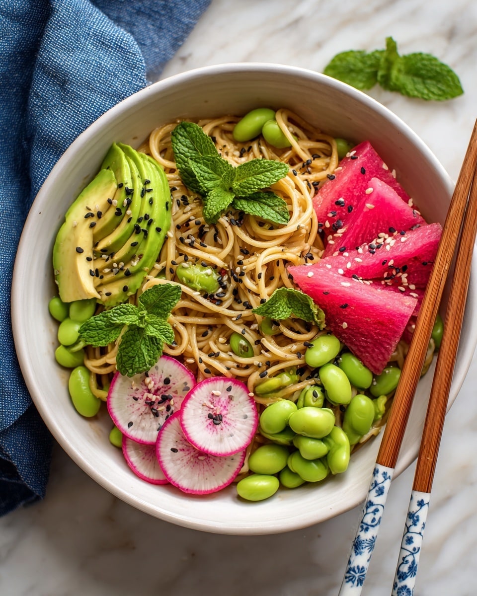 A white bowl filled with a noodle dish sits on a white marbled surface. At the bottom, light brown noodles form the main layer, topped with bright green sliced avocado fanned out on both sides. Around the edges, there are fresh green edamame beans and thin slices of pink radish with white centers. Bright green mint leaves are scattered on top, along with black and white sesame seeds sprinkled over everything. Two wooden chopsticks with light blue handles decorated with white flowers rest inside the bowl on the right side. photo taken with an iphone --ar 4:5 --v 7