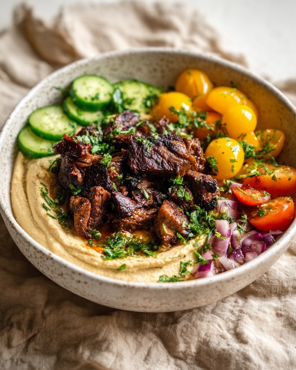 A white speckled bowl holds a layered dish starting with a thick base of creamy tan hummus spread evenly across. On top of the hummus, there is a heap of dark brown grilled meat with charred edges and visible texture, placed in the center. Surrounding the meat, there are fresh green cucumber slices at the back, bright yellow cherry tomato halves to the right, and red cherry tomato halves mixed with small bits of purple onion on the far right side. The dish is sprinkled with chopped green herbs for a pop of color. The bowl is set on a wrinkled light brown cloth with a white marbled surface beneath. Photo taken with an iphone --ar 4:5 --v 7