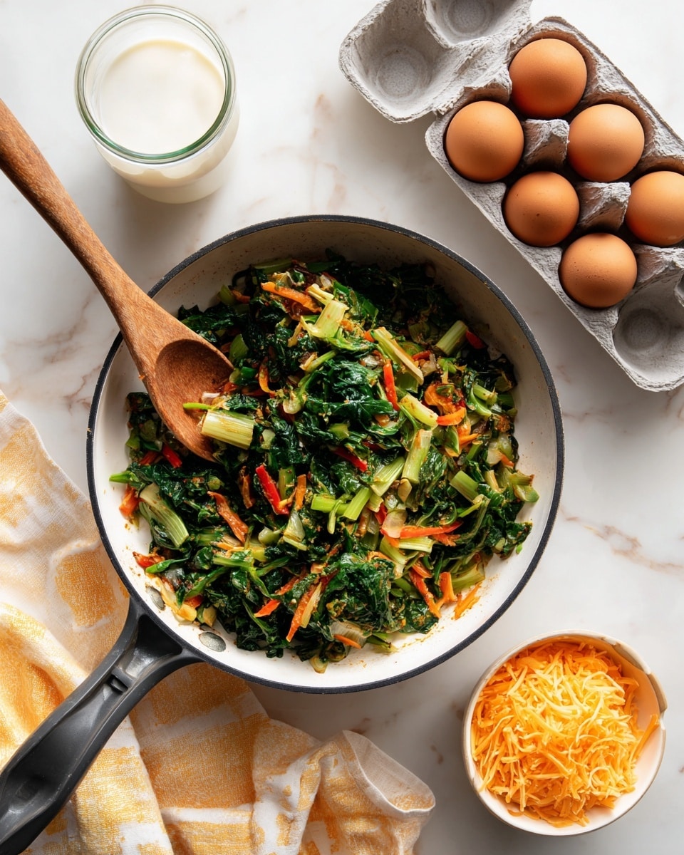 A white pan with a black rim holds cooked mixed vegetables including green spinach leaves, orange and red bell peppers, green celery, and small pieces of light onion, stirred with a wooden spoon resting inside the pan. To the top right of the pan is a gray egg carton with several brown eggs. Above the pan is a small glass jar filled with white milk. To the right is a white bowl filled with shredded orange cheese. The pan and items rest on a white marbled surface, with a yellow and white cloth partially under the pan’s handle. Photo taken with an iphone --ar 4:5 --v 7