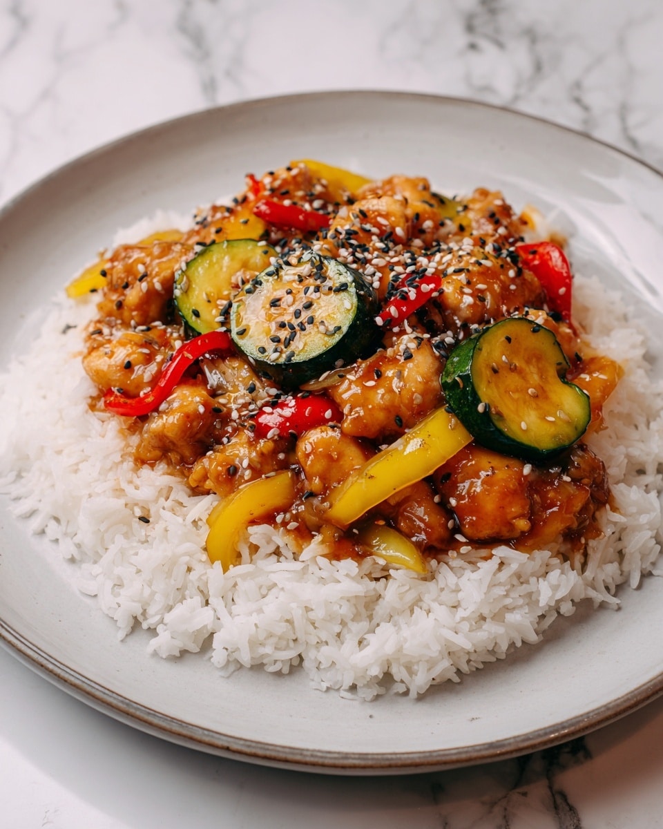 A white plate holds a layer of white rice at the bottom, soft and fluffy in texture. On top, there is a colorful stir-fry mix with three layers: the first layer has yellow and green slices of zucchini and yellow bell peppers; the second layer consists of bright red and orange thin strips of bell peppers; the third layer has pieces of light brown chicken coated in a shiny sauce, scattered with black and white sesame seeds and some green herbs for garnish. The whole dish is placed on a white marbled surface. photo taken with an iphone --ar 4:5 --v 7