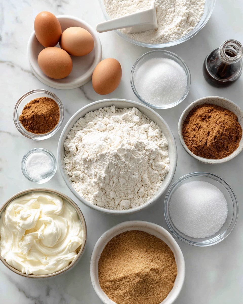 A white bowl filled with flour has a 1-cup white measuring cup resting inside it. Below and to the right, a gray bowl holds brown sugar, white sugar, and cinnamon side by side. In front of that, a white bowl has a mix of butter, flour, brown sugar, cinnamon, and granulated sugar. Three brown eggs are placed next to a white bowl filled with thick white cream. Small clear glass bowls contain baking soda, salt, and another white powder, with a dark glass bottle nearby. The surface is white marble, and a woman's hand is not visible in this image. Photo taken with an iphone --ar 4:5 --v 7