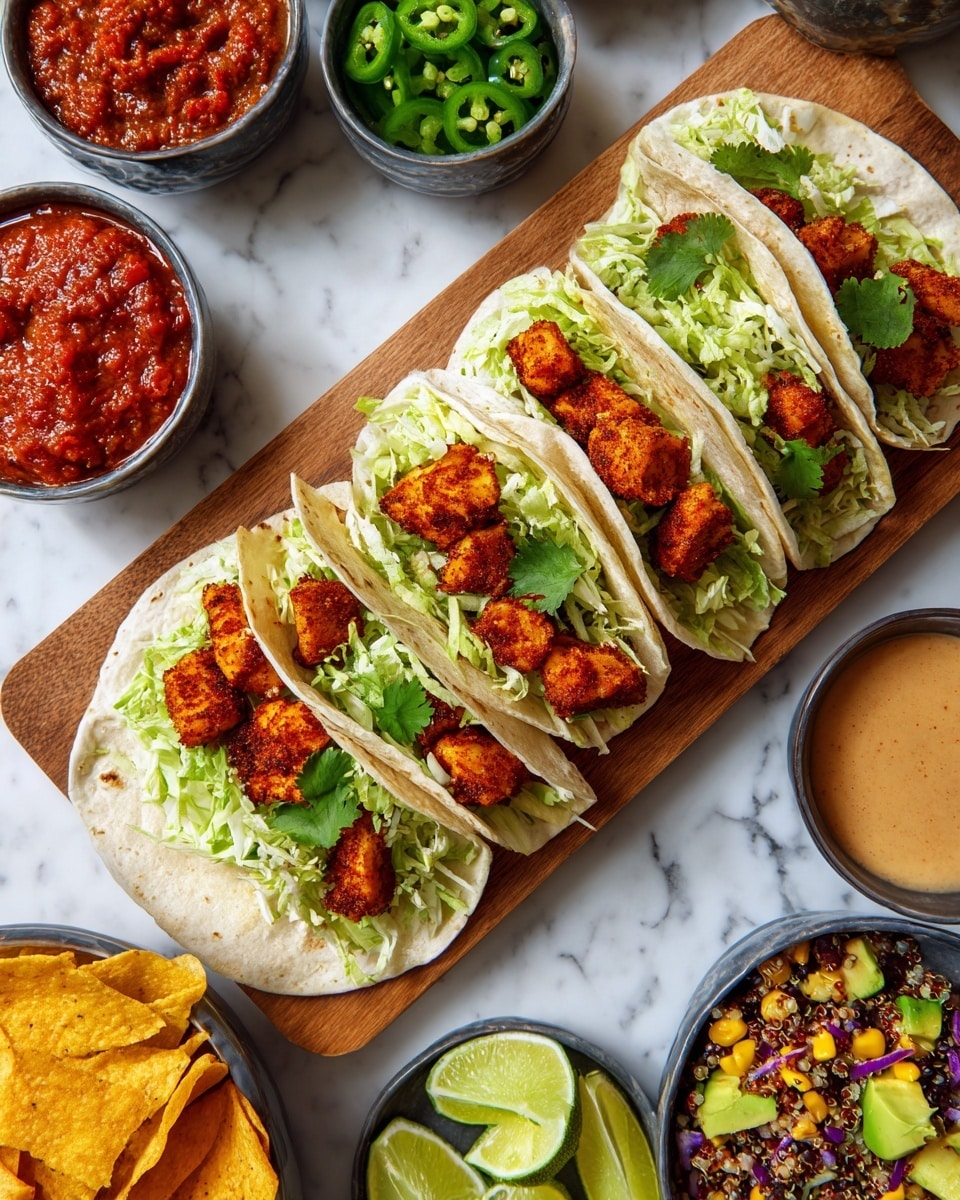 The image shows four small soft white tortillas on a wooden board, each filled with crispy golden brown fried pieces and a base layer of light green shredded lettuce with some cilantro leaves visible. Surrounding the wooden board are seven small bowls on a white marbled surface: one with red salsa that has a rough texture, one with thinly sliced green jalapeño peppers, one with thinly sliced red onions, one with fresh bright green lime wedges, one with golden yellow tortilla chips, one with mixed quinoa salad containing diced red tomatoes, corn, black beans, avocado, and cilantro, and a small bowl with a light brown dipping sauce. Photo taken with an iphone --ar 4:5 --v 7