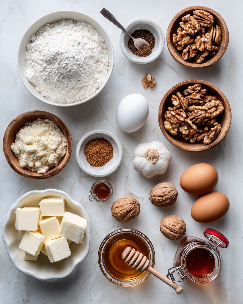 This image shows a top view of various baking ingredients placed on a white marbled surface. Starting from the top left, there is a white bowl filled with white flour. Next to it on the right, a wooden bowl contains walnut halves. Near the walnut bowl, a small white bowl with a spoon holds a dark spice mix. Below and to the left, there is a small white bowl filled with butter blocks, neatly arranged in layers. To the right of the butter, a white egg sits alone. Next to the egg, a wooden bowl holds a pile of pale, crumbly flour or ground nuts. Below this bowl is a small white bowl with a brown spice mix. Three brown eggs are placed near the bottom right, alongside a small jar filled with honey and a honey dipper inside. A clove of garlic and three whole walnuts lie near the eggs. Towards the lower left, there is a white bowl with a raw egg cracked open displaying the yolk and egg white. Next to it, a greyish-white bowl contains white, fluffy cottage cheese. To the left of this, a wooden bowl has sugar topped with walnut halves. A small brown jar with a red seal is also visible near the bowls, and a glass bowl filled with walnuts is placed at the bottom left. The arrangement is neat and visually balanced, showing a variety of textures and natural colors like cream, brown, yellow, and white. photo taken with an iphone --ar 4:5 --v 7
