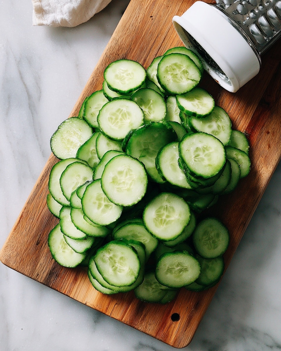The image shows many thin, round slices of cucumber with light green centers and darker green edges layered loosely on a wooden cutting board. On the upper right side, a white vegetable slicer is visible, with the tip of the cucumber still touching it. The wooden board rests on a background with a white marble texture. photo taken with an iphone --ar 4:5 --v 7