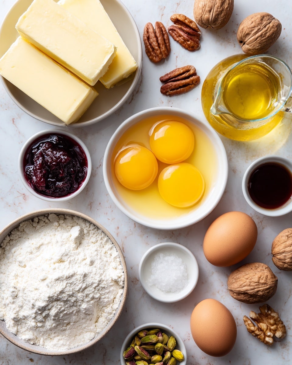 The image shows a top-down view of various baking ingredients arranged neatly on a white marbled surface. There is a large round bowl filled with white flour at the bottom left, and above it, to the left, a white bowl holding three thick slabs of pale yellow butter. In the top center, a white bowl contains three bright yellow egg yolks. To the right of this bowl, there is a clear glass jug filled with golden oil. Scattered across the center and right side are whole brown and white eggs. Small bowls hold salt, dark red jam, pistachios, pecans, and a small dark syrup-like liquid. Several whole walnuts lie at the bottom right. The overall arrangement is balanced and clean, with natural light highlighting the textures and colors. Photo taken with an iphone --ar 4:5 --v 7