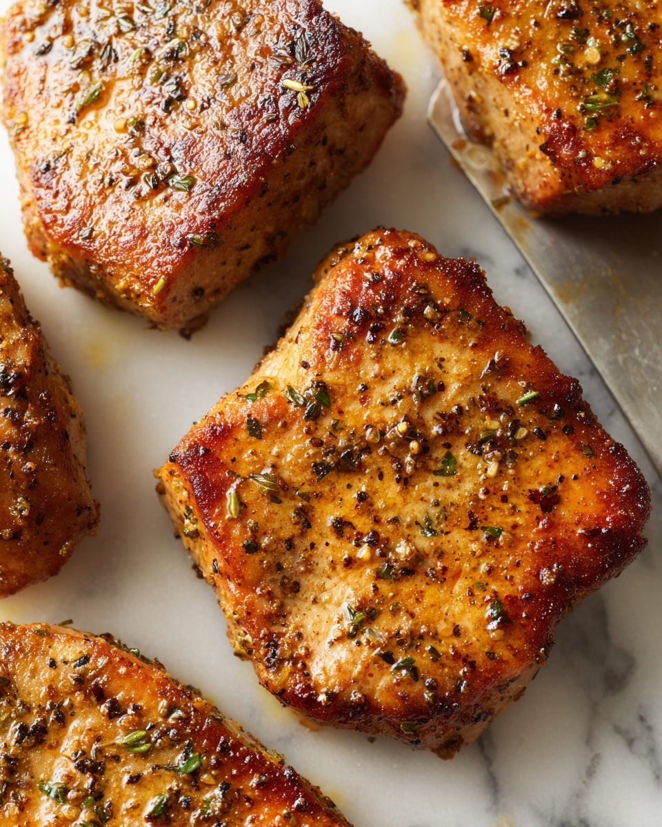 The image shows three pieces of grilled chicken with a golden brown, slightly charred surface, each piece covered in a rich mixture of herbs and spices that add texture and dark flecks. The chicken rests on a white marbled surface, with some areas showing glossy, oily spots that reflect light, making the chicken look juicy and flavorful. A metal spatula peeks from the right side near the middle chicken piece, adding a slight hint of silver and a practical cooking element. The chicken is positioned in a loose diagonal from the top left to the bottom right of the image. photo taken with an iphone --ar 4:5 --v 7
