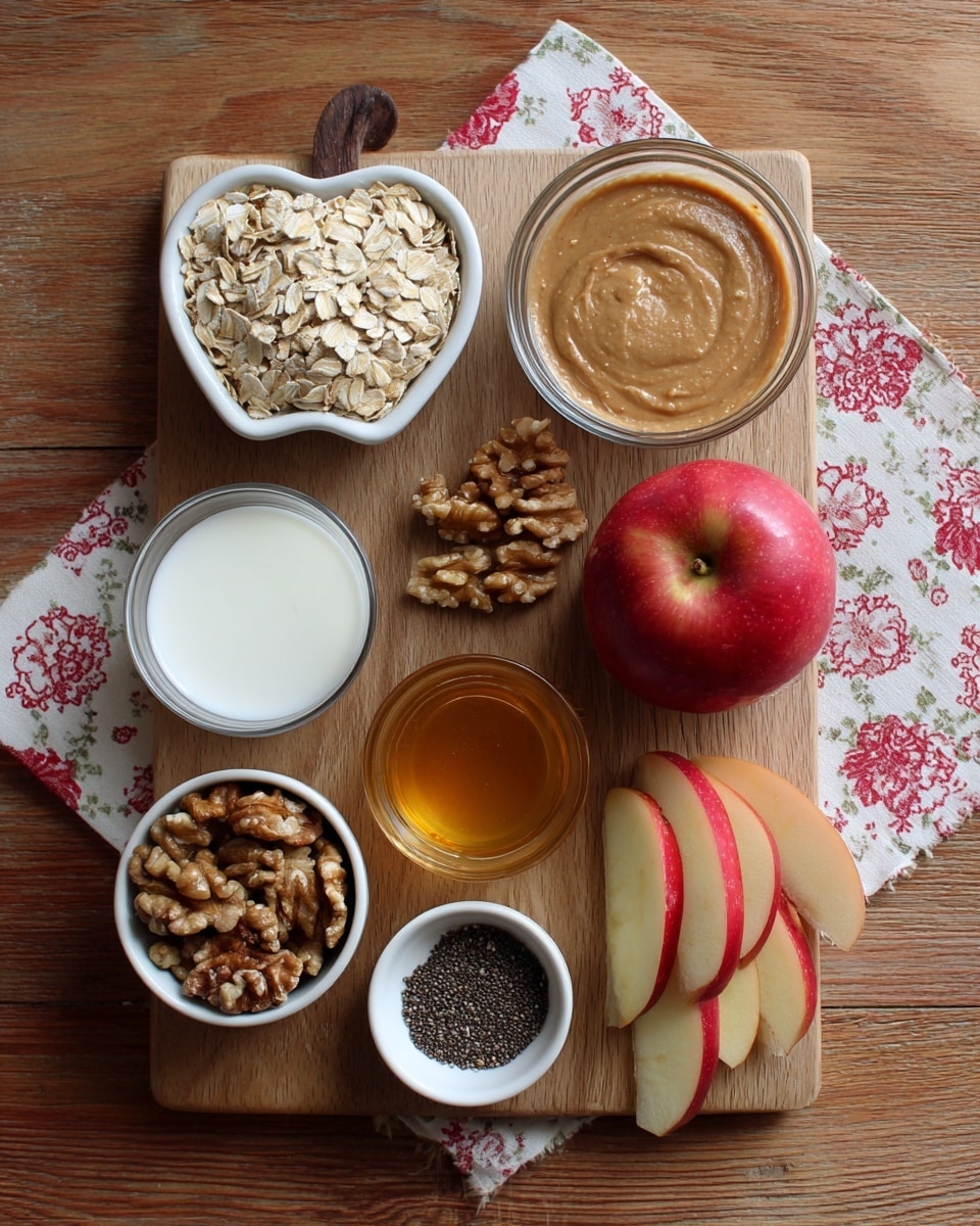 The image shows eight small white bowls arranged on a white marbled surface, each containing different ingredients for cooking. From top left to bottom right, there is a bowl filled with pecans, a bowl of uncooked rolled oats, a bowl with green pumpkin seeds, a bowl of dark mixed berries centered in the image, a bowl with amber-colored syrup or honey, a very small bowl with a spice powder, a small bowl with dark liquid likely vanilla extract, and a small bowl with white granulated sugar. There is also a wooden spoon with brownish powder next to the bowls. The colors vary from natural browns, reds, greens, black, white, and amber, showing natural textures like nuts, seeds, berries, and powders. Photo taken with an iphone --ar 4:5 --v 7