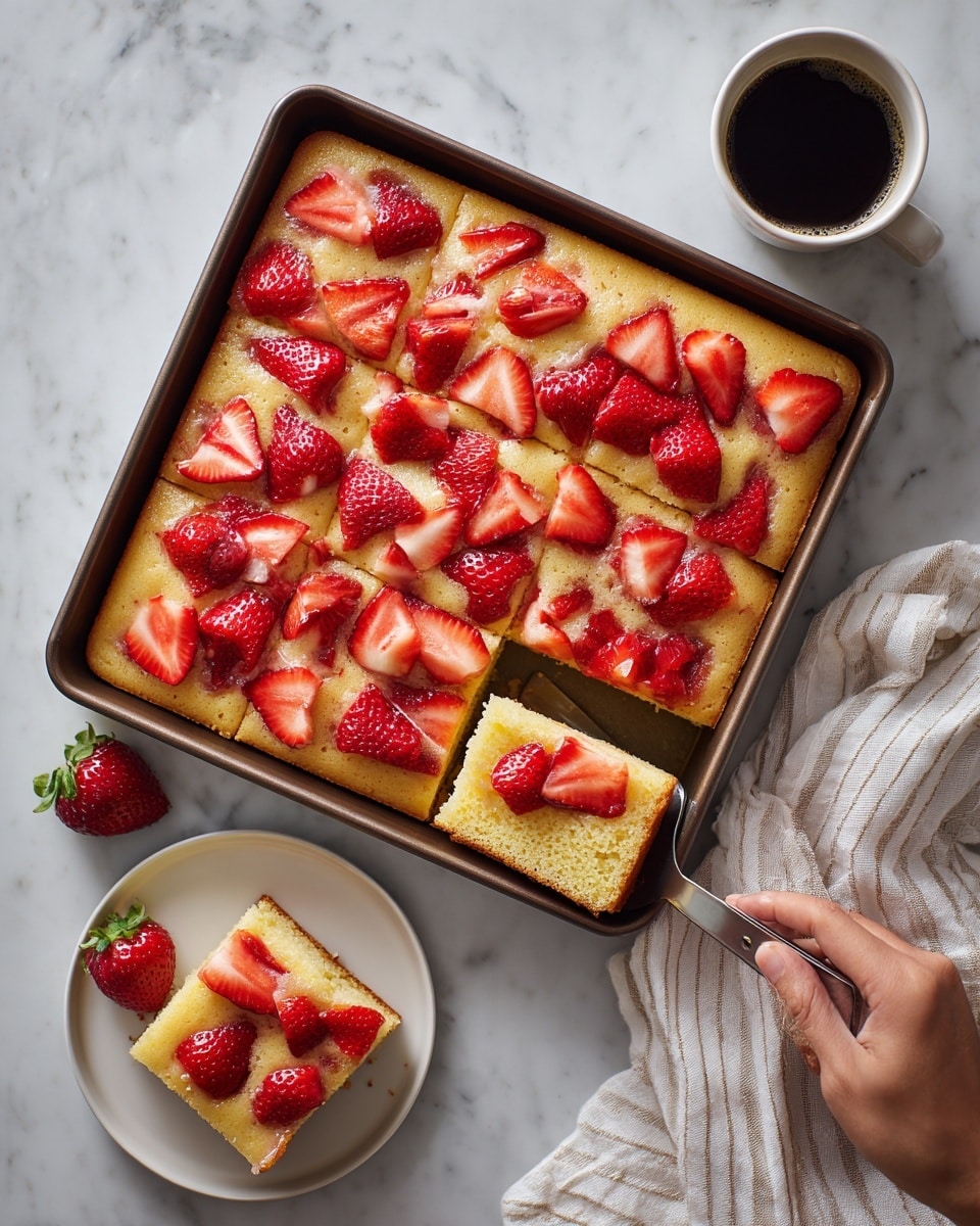 The image shows a rectangular metal baking pan filled with a golden-yellow cake topped with sliced red strawberries scattered evenly across the surface. One square piece has been removed from the pan's bottom right corner, showing the soft, moist inside of the cake. Next to the pan, a white plate holds two pieces of the same strawberry-topped cake, with a white cup of dark coffee beside it. The scene is set on a white marbled surface with a striped cloth beneath the baking pan. Photo taken with an iphone --ar 4:5 --v 7