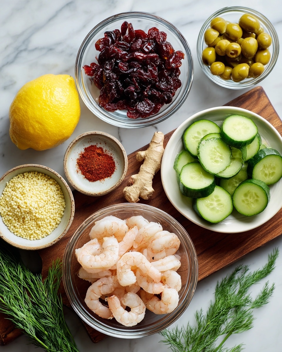 A top-down view of multiple small bowls and loose ingredients arranged on a white marbled surface. At the center, a clear glass bowl holds many peeled shrimp with a light pink and white color, sitting on a wooden board. Above it, another clear bowl contains dark red dried cranberries or cherries. To the top right, a white bowl holds bright green cucumber slices showing seeds inside. Near the top center is a small bowl with reddish-brown chili powder. To the left, a lemon whole and a lemon half with bright yellow color sit beside a green cucumber and fresh ginger root. On the bottom left, a bowl full of tiny pale yellow grains resembling couscous is next to a small bowl with green olives. To the bottom right, fresh green dill sprigs lie next to a small bowl of white salt. Another lemon is placed below the wooden board. photo taken with an iphone --ar 4:5 --v 7