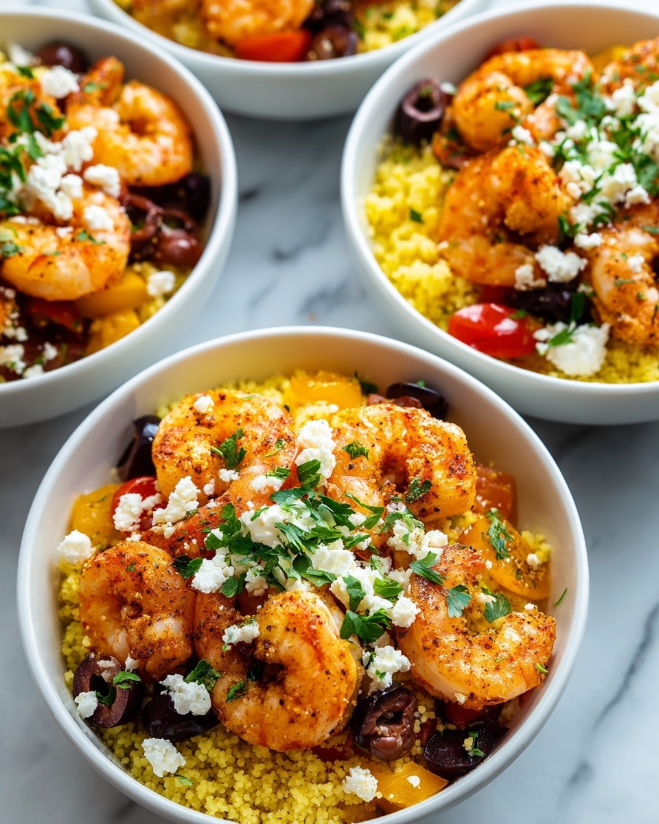 The image shows several white bowls filled with layered food on a white marbled surface. Each bowl has a base layer of couscous with a light yellow color and small grain texture. On top of the couscous, there are scattered dark brown chunks, bright red and yellow cherry tomato halves, and dark purple olives. Five or six golden-brown shrimp with visible seasoning form the top layer in each bowl. White crumbly cheese and a sprinkle of chopped green herbs are scattered on top. The arrangement highlights the colors and textures of the shrimp, cheese, and fresh ingredients on a simple round bowl, with the composition giving a fresh and colorful look. Photo taken with an iphone --ar 4:5 --v 7