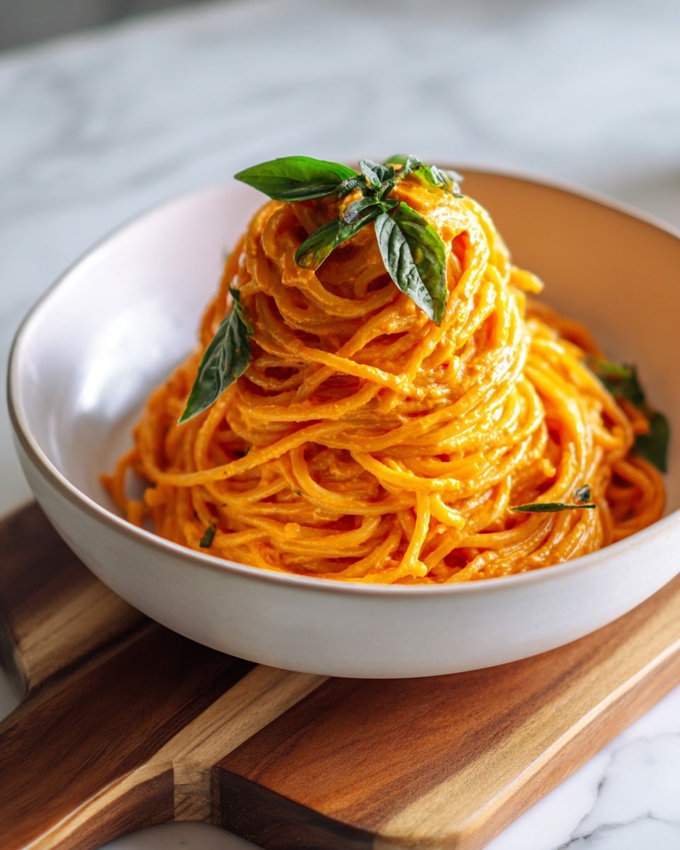 A white shallow bowl holds a neat pile of spaghetti coated in a smooth, bright orange sauce, giving the pasta a glossy look. The spaghetti strands form one rounded mound in the center of the bowl, and a small bunch of fresh green basil leaves sits on top as garnish. The bowl rests on a wooden board placed on a white marbled surface. Soft, natural light highlights the textures and colors, making the dish look warm and inviting photo taken with an iphone --ar 4:5 --v 7