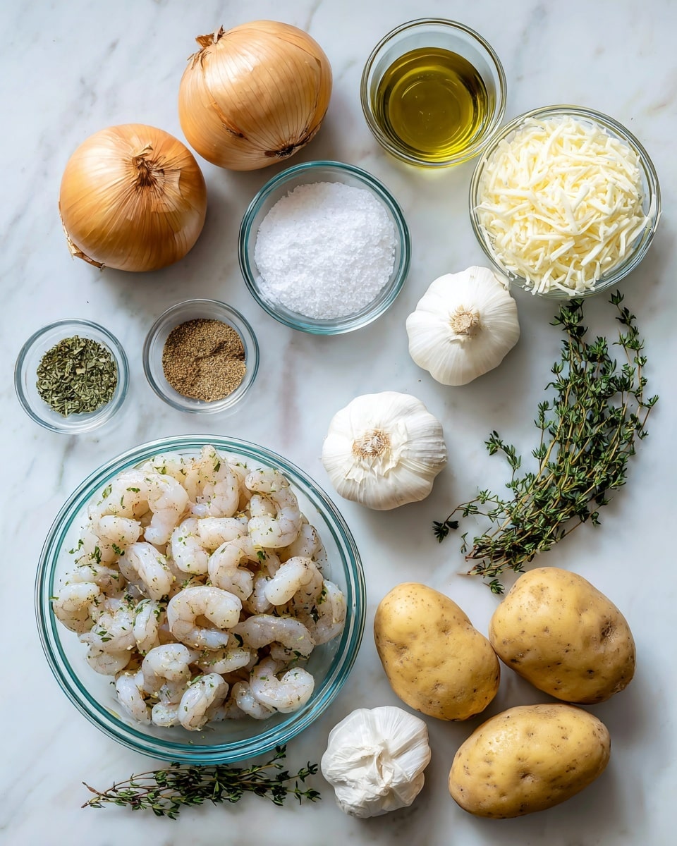 The image shows several cooking ingredients neatly arranged on a white marbled surface. There are two whole yellow onions near the top, followed by a small glass bowl of olive oil with a greenish-gold color, a small bowl of dried green herbs, and another small bowl of light brown seasoning. On the left, there is a bowl filled with raw shrimp that are pale white with a hint of pink, some sprinkled with green herbs. Nearby, there's a glass bowl of white granulated salt and another glass bowl with shredded white cheese. Three medium-sized light brown potatoes sit towards the bottom right. At the bottom, there is a purple onion and two bulbs of white garlic. Fresh green thyme sprigs are placed on the right side. All ingredients have bright, natural colors and clear textures, displayed neatly under even light photo taken with an iphone --ar 4:5 --v 7