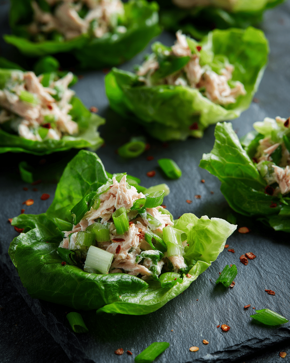 The image shows three fresh green lettuce leaves used as cups, each filled with a mix of shredded light brown tuna, small cubes of pale green apples, and chopped green onions with white and light green parts visible. The mix looks moist and gently piled inside the crisp lettuce. Tiny red chili flakes are sprinkled on top, adding a touch of color. The lettuce cups rest on a dark surface with a white marbled texture in the background. The photo taken with an iphone --ar 4:5 --v 7