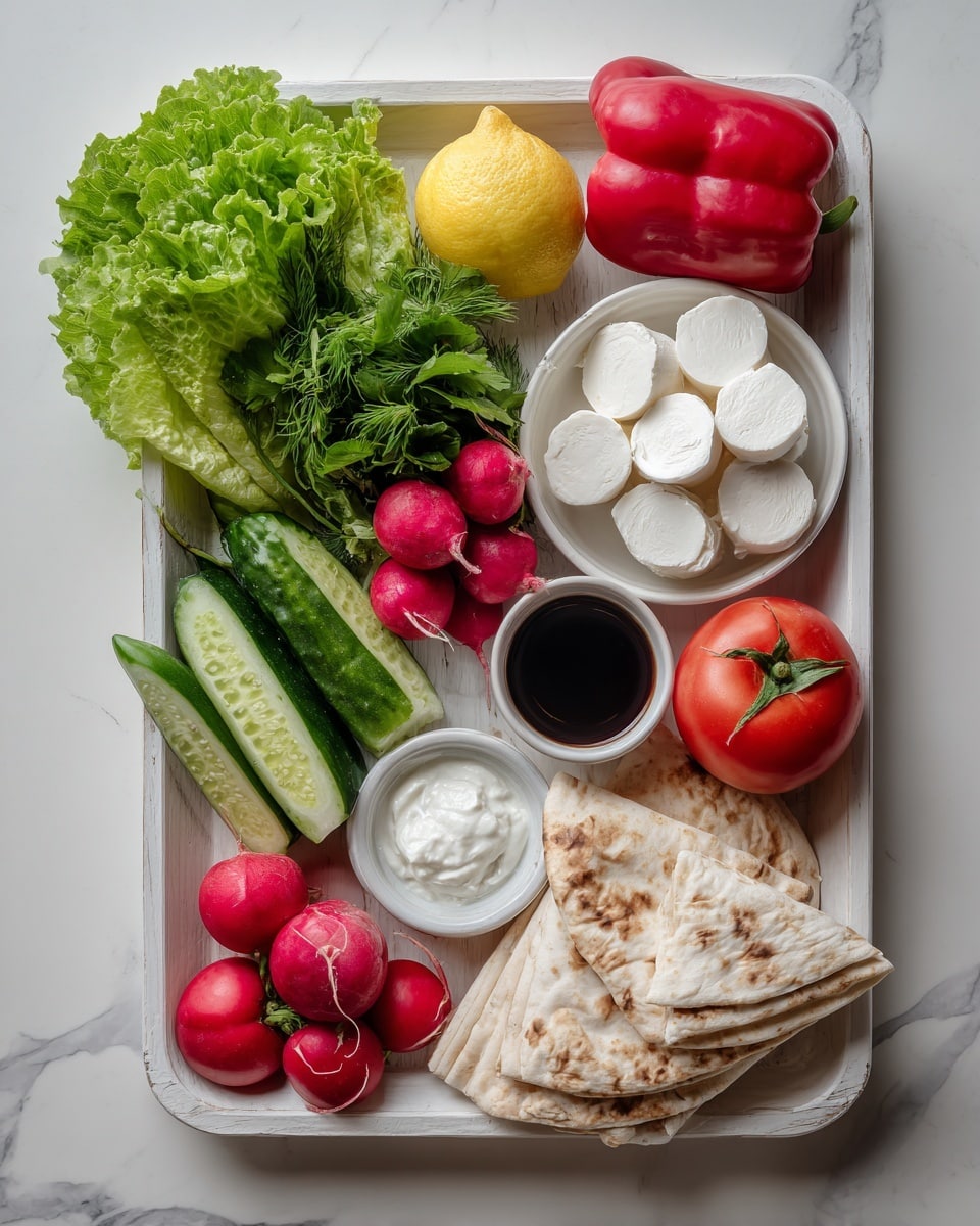 The image shows a white tray with fresh vegetables and ingredients. On the left, there is a bunch of green lettuce leaves, a red bell pepper, a lemon, and a small bunch of leafy green herbs. Near the center, there are two small bright red radishes, a dark green cucumber, and a round white bowl filled with white cheese slices. Next to the cheese is a small bowl with a dark liquid, and nearby is a small white bowl with a thick white sauce. On the right side of the tray are two whole red tomatoes and two folded pieces of white flatbread. The background surface is a white marbled texture. photo taken with an iphone --ar 4:5 --v 7